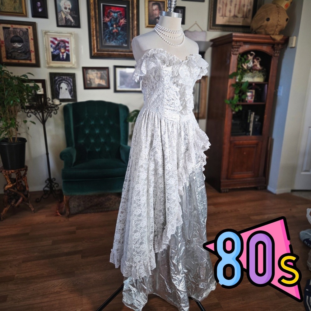 Vintage 80s Lace Off Shoulder Wedding Dress Silver Overlay Ruffles‎ Formal Gown